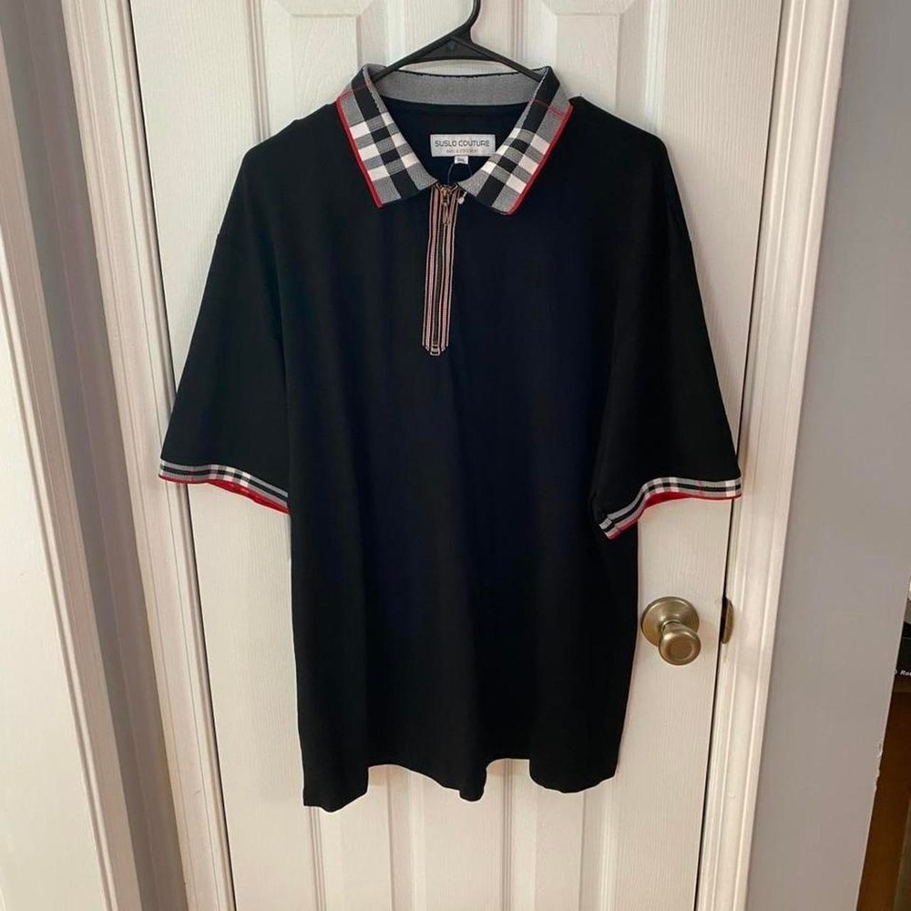 Suslo Couture Polo Shirt Mens 3XL Black Checkered Collar Quarter Zip